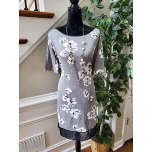 Vera Wang Women Gray Floral Polyester Round Neck Short Sleeve Top Blouse Size L